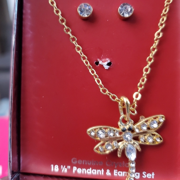 💖 Dragonfly necklace with earrings goldtone with clear gems. - Picture 12 of 13